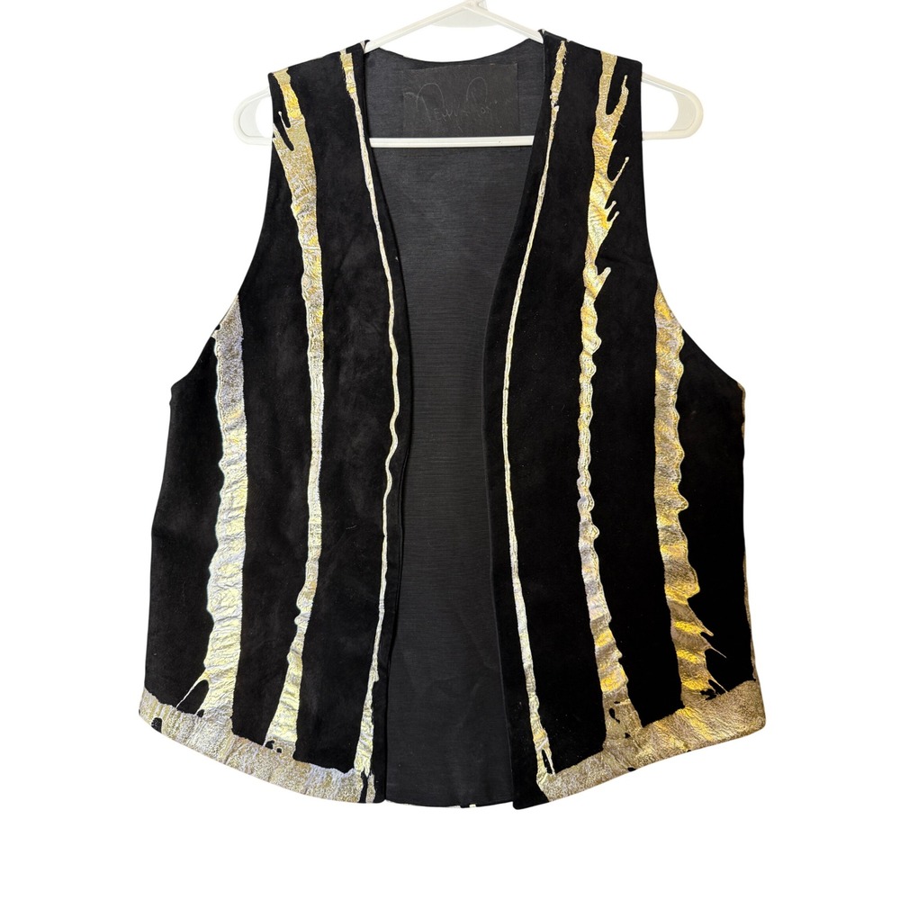 Terri & Toni Womens Black Suede Metallic Gold Foil Abstract Open Front Vest LG